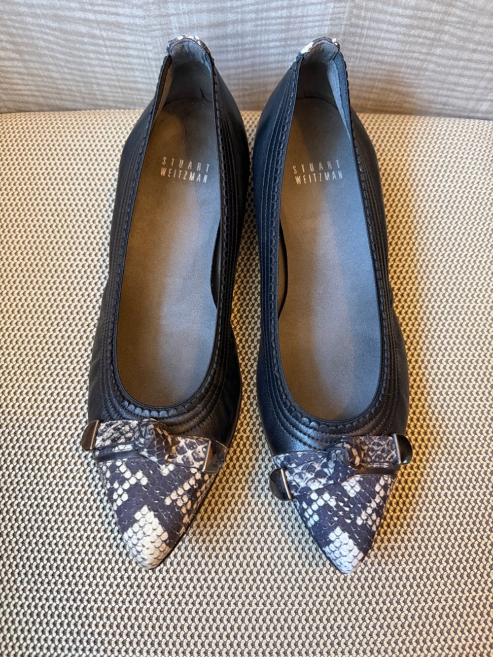 Stuart Weitzman Black Flats with Snake-Print Pointed Toe and Bow